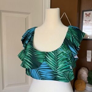 Shein Green & Teal Palm Leaf Ruffle Bikini Swim Top / Size 2XL
